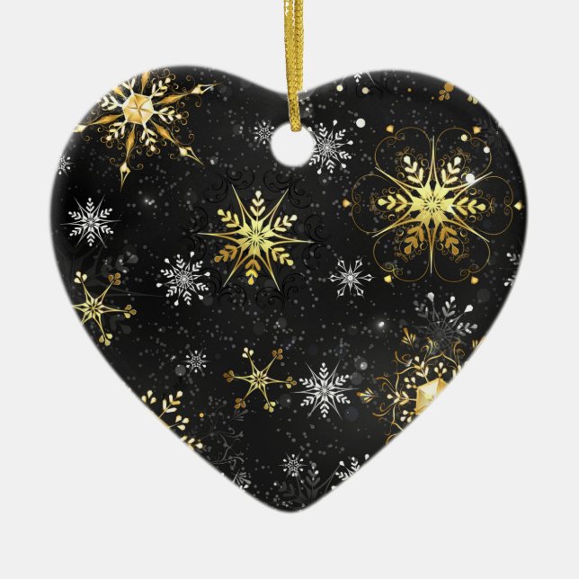 Xmas Golden Snowflakes on Black Background Ceramic Tree Decoration (Front)