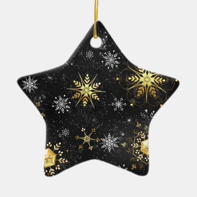 Xmas Golden Snowflakes on Black Background Ceramic Tree Decoration (Front)