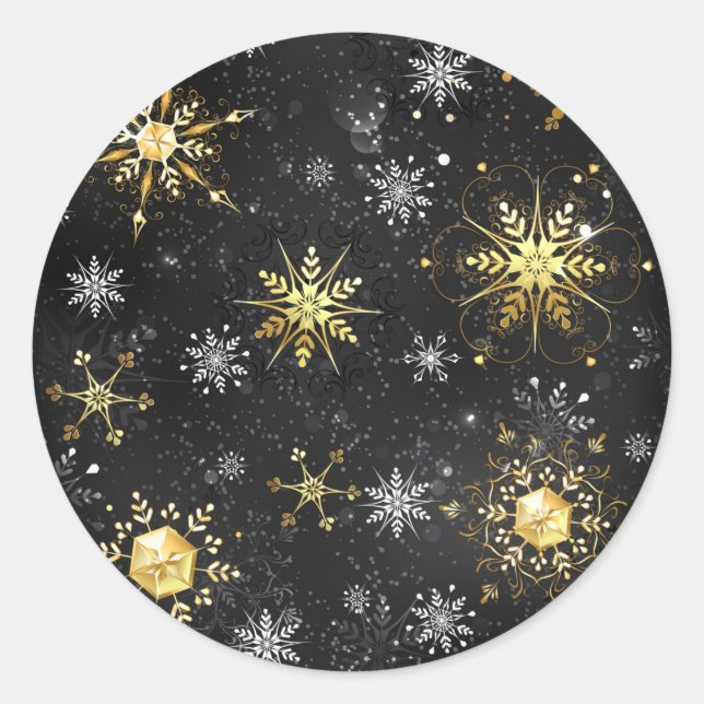 Xmas Golden Snowflakes on Black Background Classic Round Sticker (Front)