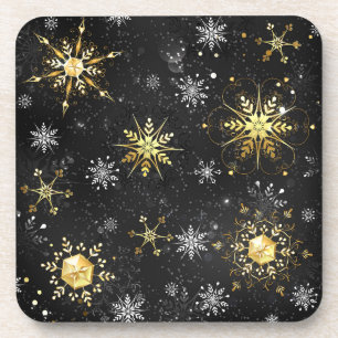 Xmas Golden Snowflakes on Black Background Coaster