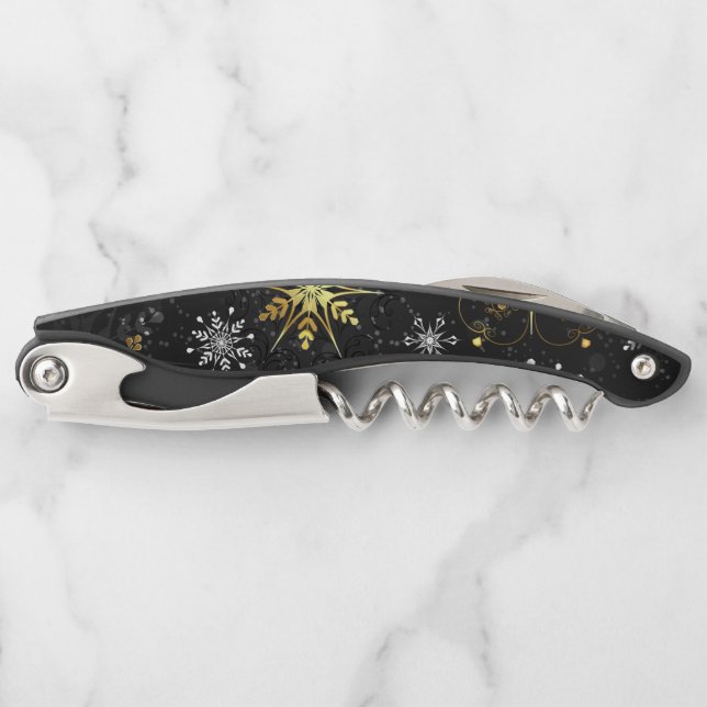 Xmas Golden Snowflakes on Black Background Corkscrew (Front)