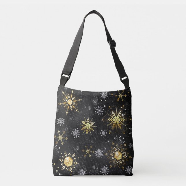 Xmas Golden Snowflakes on Black Background Crossbody Bag (Front)