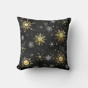 Xmas Golden Snowflakes on Black Background Cushion