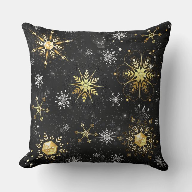 Xmas Golden Snowflakes on Black Background Cushion (Front)