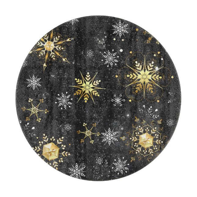 Xmas Golden Snowflakes on Black Background Cutting Board (Front)