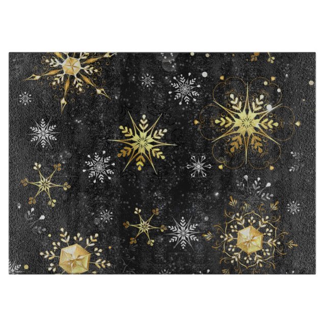 Xmas Golden Snowflakes on Black Background Cutting Board (Front)