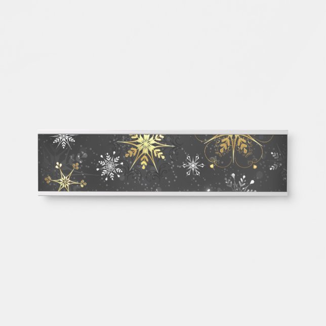 Xmas Golden Snowflakes on Black Background Door Sign (Front)