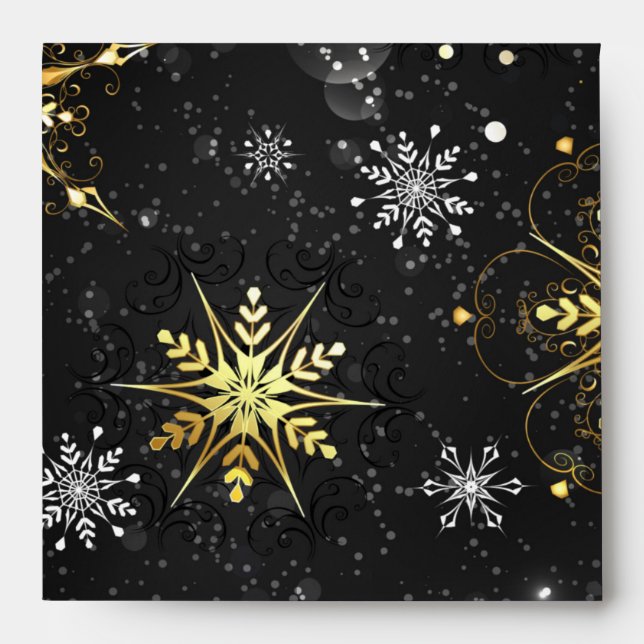 Xmas Golden Snowflakes on Black Background Envelope (Front)