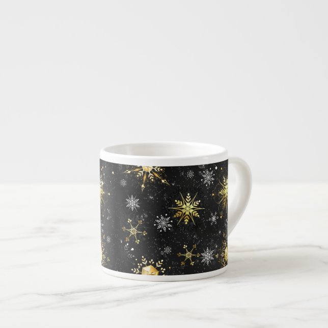Xmas Golden Snowflakes on Black Background Espresso Cup (Front Right)
