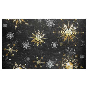 Xmas Golden Snowflakes on Black Background Fabric