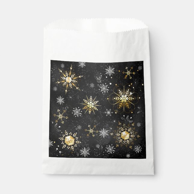 Xmas Golden Snowflakes on Black Background Favour Bags (Front)