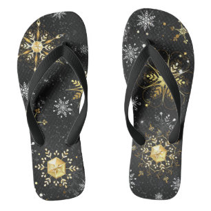 Xmas Golden Snowflakes on Black Background Flip Flops