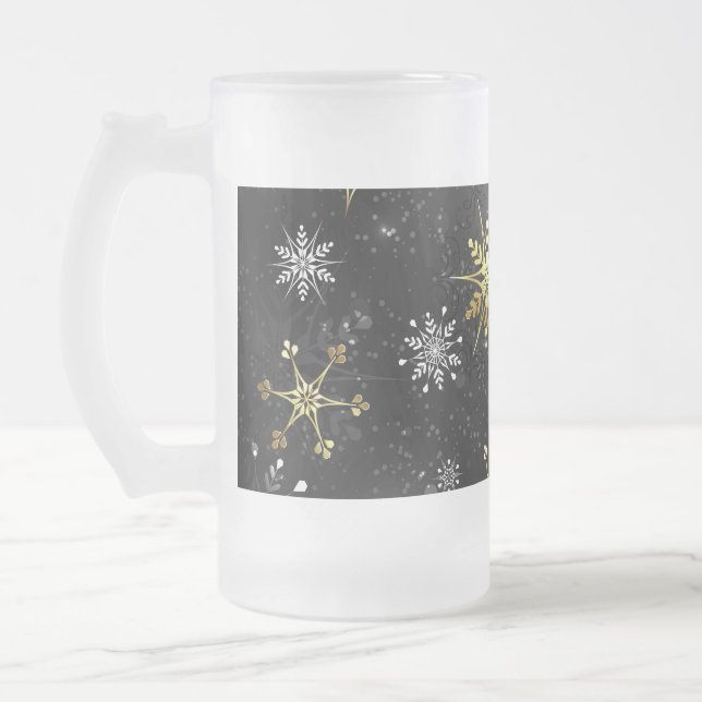 Xmas Golden Snowflakes on Black Background Frosted Glass Beer Mug (Left)