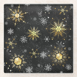 Xmas Golden Snowflakes on Black Background Glass Coaster