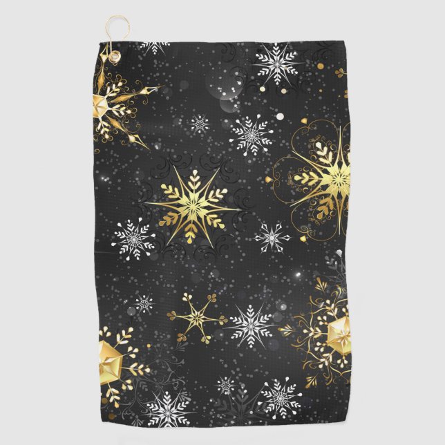 Xmas Golden Snowflakes on Black Background Golf Towel (Front)