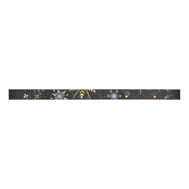 Xmas Golden Snowflakes on Black Background Grosgrain Ribbon (Front)