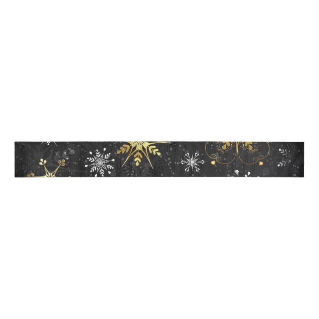 Xmas Golden Snowflakes on Black Background Grosgrain Ribbon (Front)