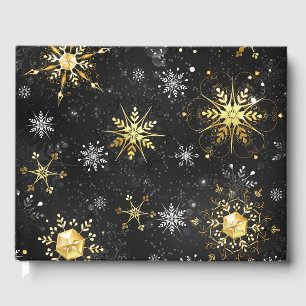 Xmas Golden Snowflakes on Black Background Guest Book