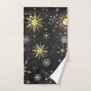 Xmas Golden Snowflakes on Black Background Hand Towel