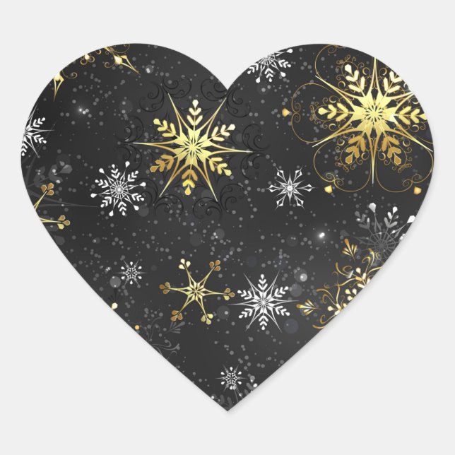 Xmas Golden Snowflakes on Black Background Heart Sticker (Front)