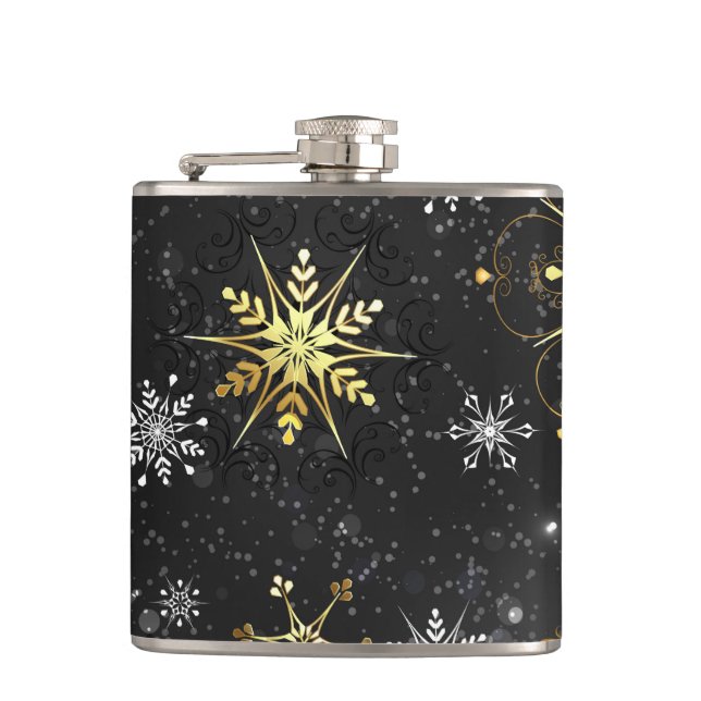 Xmas Golden Snowflakes on Black Background Hip Flask (Front)
