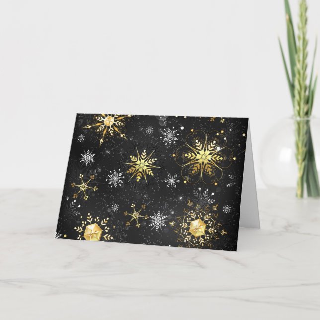 Xmas Golden Snowflakes on Black Background Holiday Card (Front)