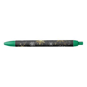 Xmas Golden Snowflakes on Black Background Ink Pen