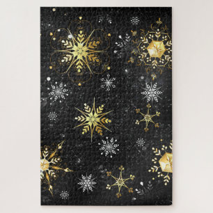 Xmas Golden Snowflakes on Black Background Jigsaw Puzzle