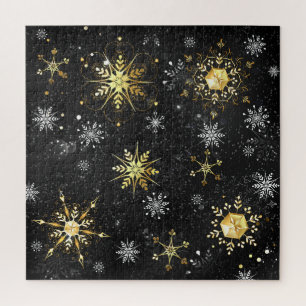 Xmas Golden Snowflakes on Black Background Jigsaw Puzzle