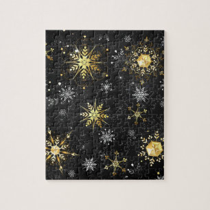 Xmas Golden Snowflakes on Black Background Jigsaw Puzzle