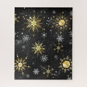 Xmas Golden Snowflakes on Black Background Jigsaw Puzzle
