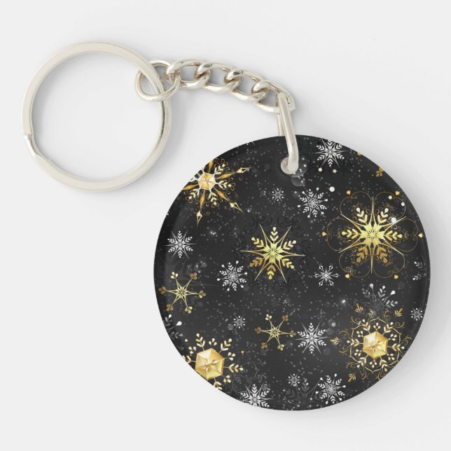 Xmas Golden Snowflakes on Black Background Key Ring (Front)