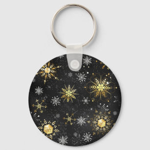Xmas Golden Snowflakes on Black Background Key Ring