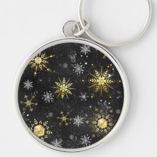 Xmas Golden Snowflakes on Black Background Key Ring