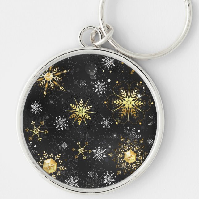 Xmas Golden Snowflakes on Black Background Key Ring (Front)