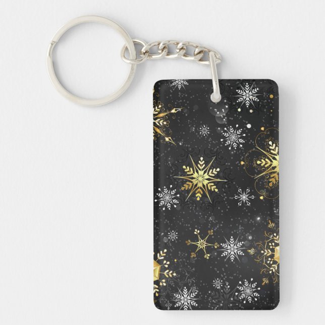 Xmas Golden Snowflakes on Black Background Key Ring (Front)