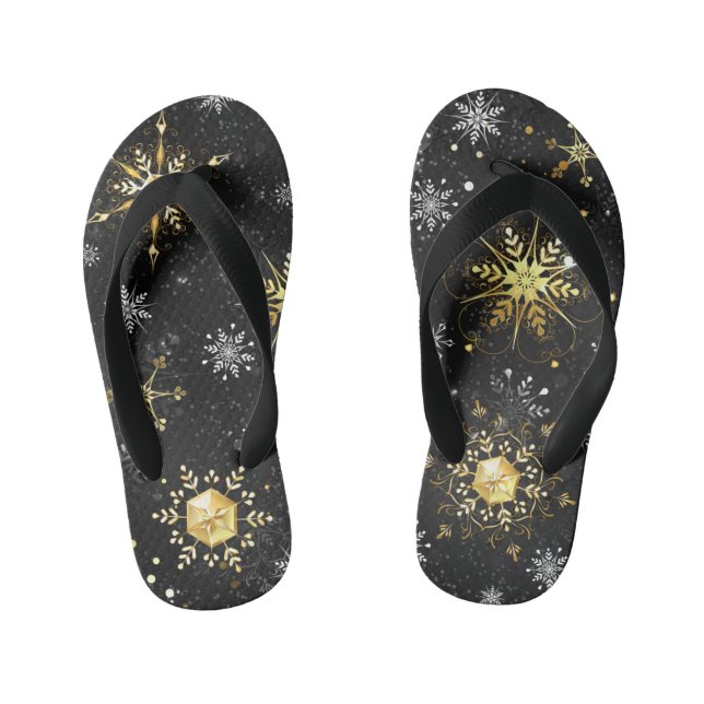 Xmas Golden Snowflakes on Black Background Kid's Flip Flops (Footbed)