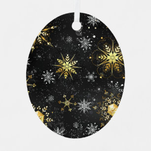 Xmas Golden Snowflakes on Black Background Label Metal Tree Decoration
