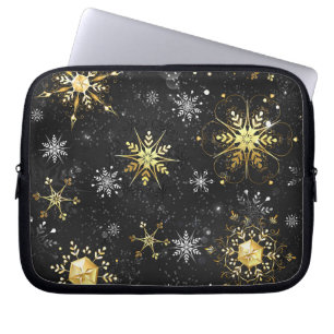 Xmas Golden Snowflakes on Black Background Laptop Sleeve