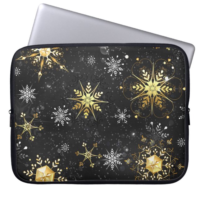 Xmas Golden Snowflakes on Black Background Laptop Sleeve (Front)