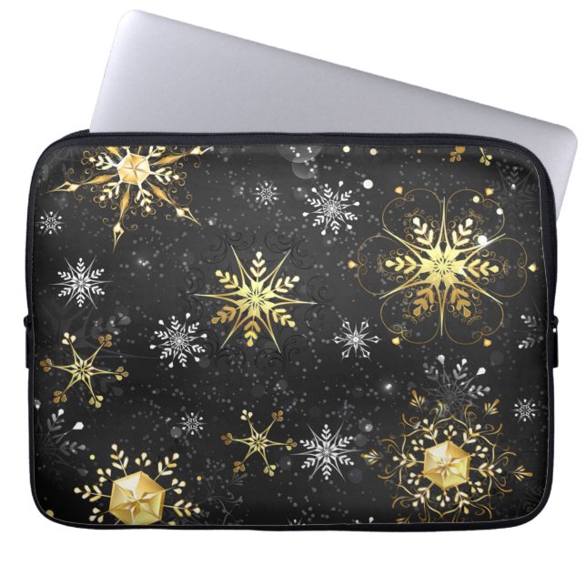 Xmas Golden Snowflakes on Black Background Laptop Sleeve (Front)