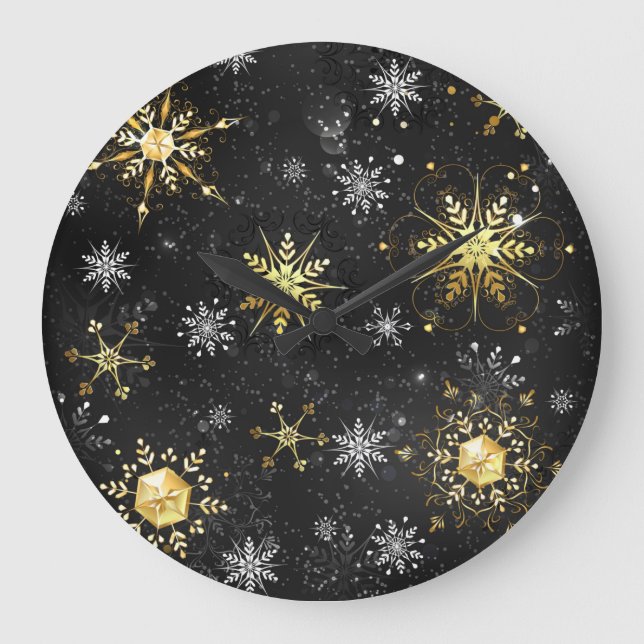 Xmas Golden Snowflakes on Black Background Large Clock (Front)