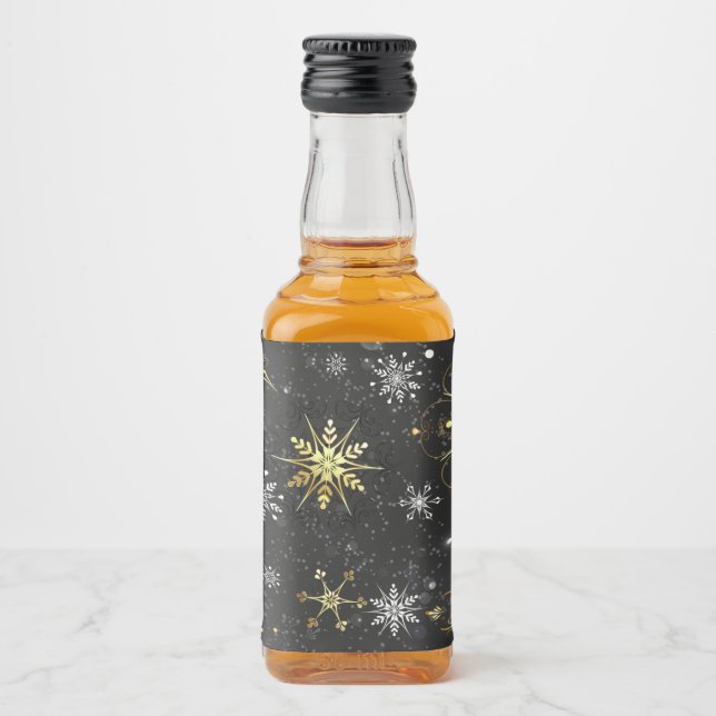 Xmas Golden Snowflakes on Black Background Liquor Bottle Label (Front)