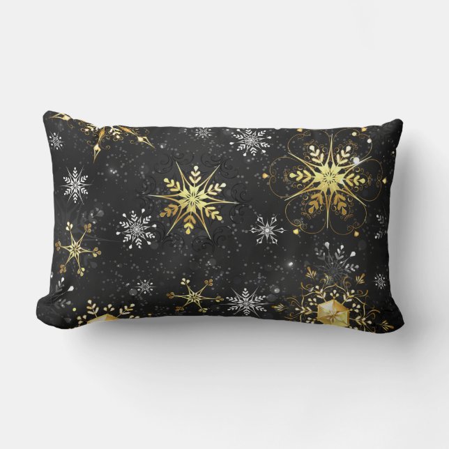 Xmas Golden Snowflakes on Black Background Lumbar Cushion (Front)