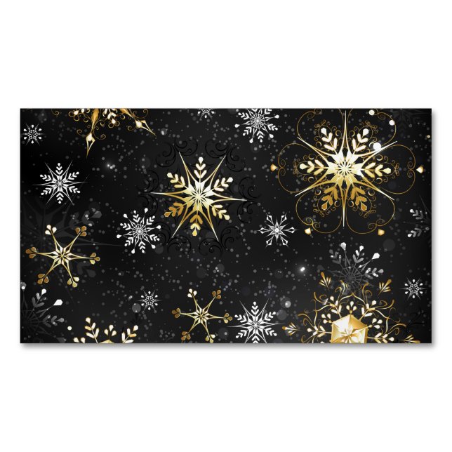 Xmas Golden Snowflakes on Black Background Magnetic Business Card (Front)