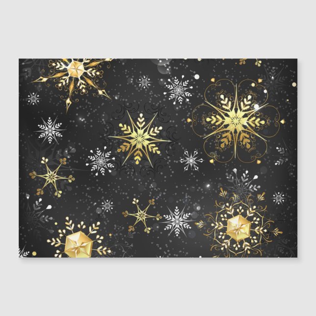 Xmas Golden Snowflakes on Black Background Magnetic Invitation (Front)