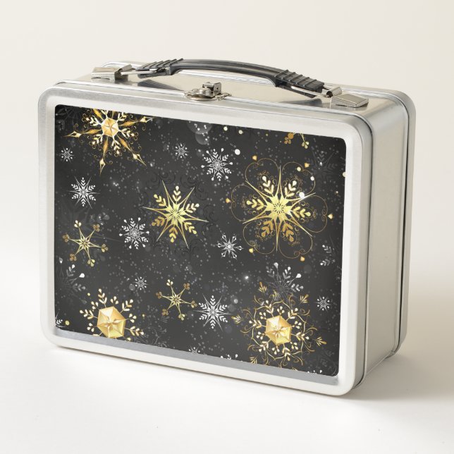 Xmas Golden Snowflakes on Black Background Metal Lunch Box (Front)