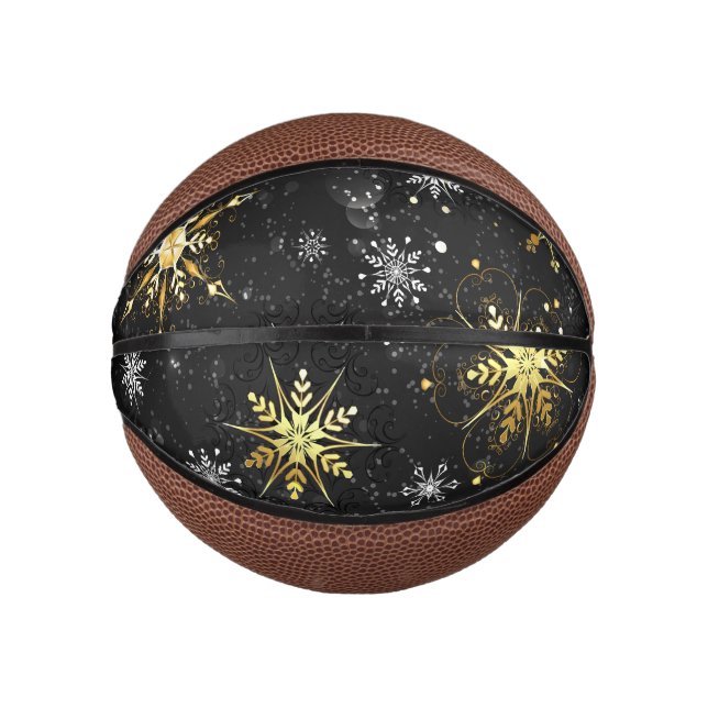 Xmas Golden Snowflakes on Black Background Mini Basketball (Front)
