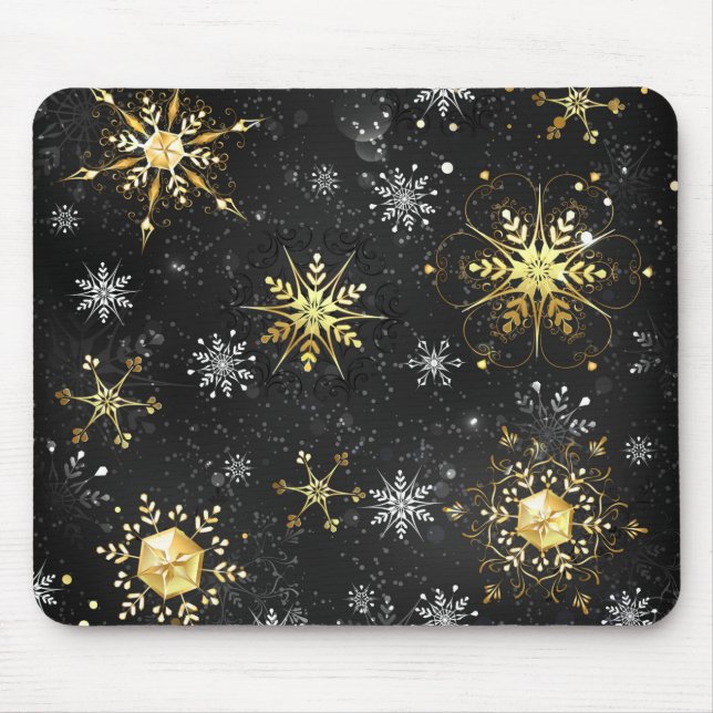 Xmas Golden Snowflakes on Black Background Mouse Mat (Front)