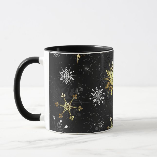 Xmas Golden Snowflakes on Black Background Mug (Left)